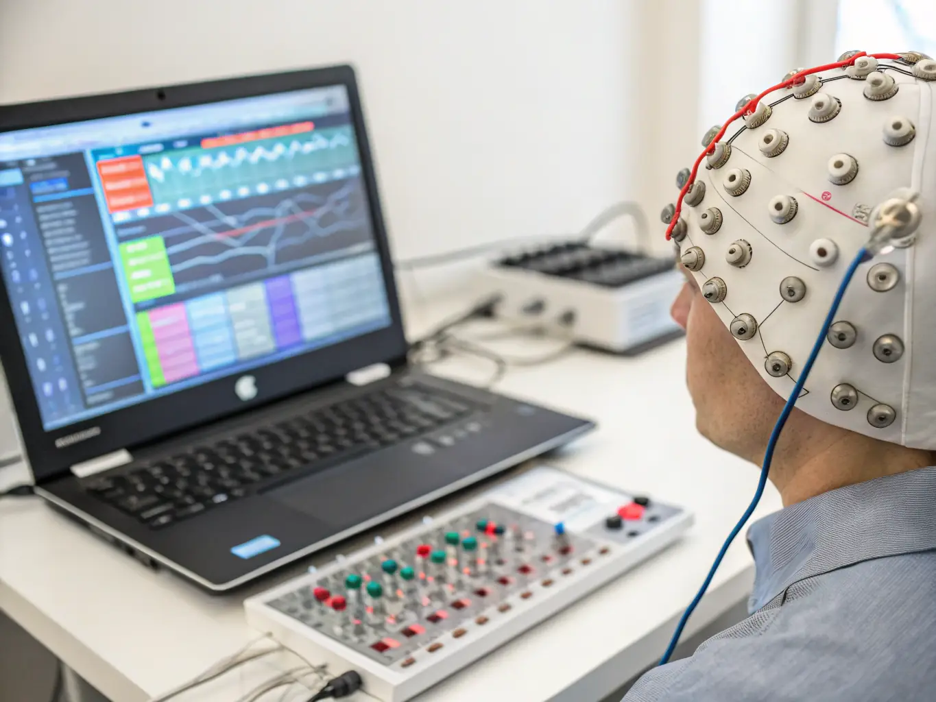 A close-up of EEG equipment being used to monitor a patient's brain activity, emphasizing the diagnostic capabilities available for assessing neurological function.